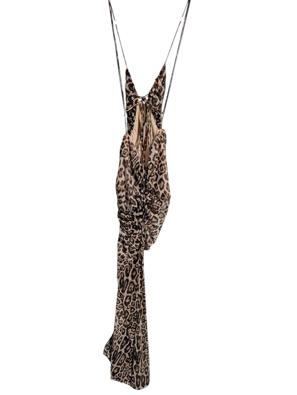 Fashion Nova Leopard Mesh Maxi Dress Medium Bodycon Halter Open Back High Slit - Picture 8 of 13